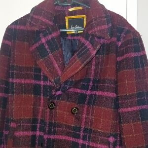 Sam Edelman Burgundy, Black & Pink Plaid Double-Breasted Pea Coat